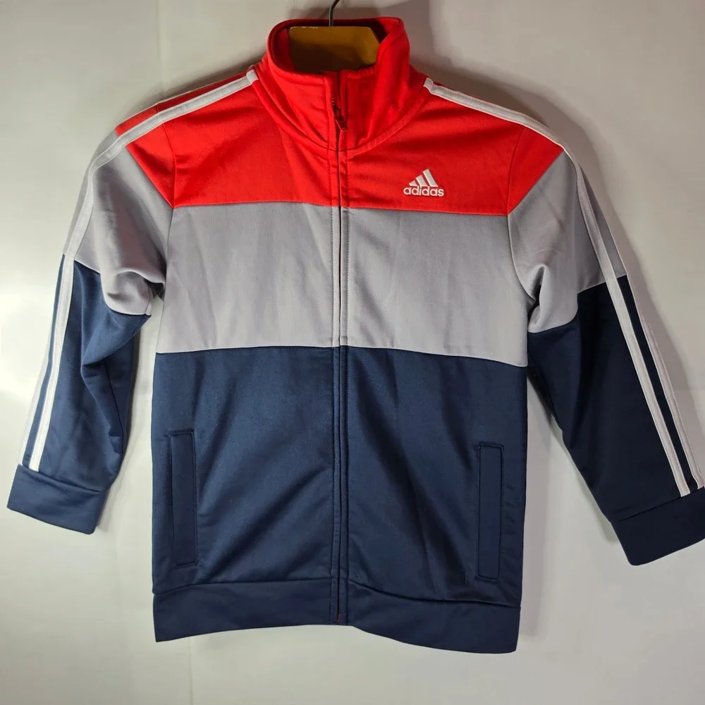 Adidas Boys Size 7 Colorblock Track Jacket Full Zip Red Grey Navy Blue Sweatshrt